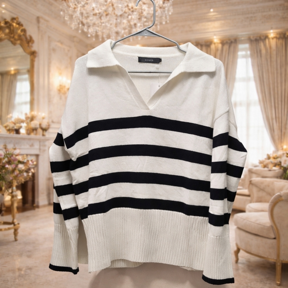 A+more Women's V-Neck Collared Stripe Sweater - White/Black
